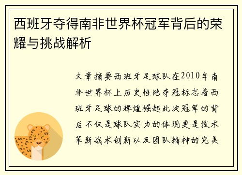 西班牙夺得南非世界杯冠军背后的荣耀与挑战解析